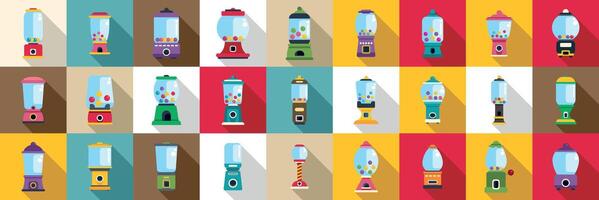 Gumball machine icons set. Colorful gumball machines dispensing candy and joy in a vibrant array vector