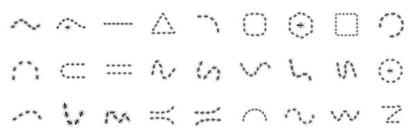 Ant trail icons set. Ants creating different lines, shapes, letters, and symbols vector