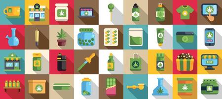 Cannabis store icons set. Cannabis products and consumption icons showing various forms of marijuana use vector
