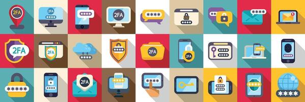 2fa icons set. Two factor authentication icons showing login verification and password protection vector