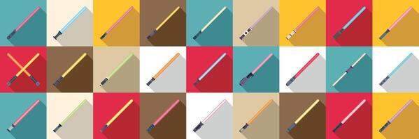 Light saber icons set. Colorful light sabers glowing with different hilt designs on various backgrounds vector