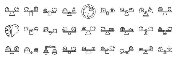 Brain heart balance icons set. Work life balance icons showing logic, emotion, time, money, and mental health representing harmony and equilibrium vector