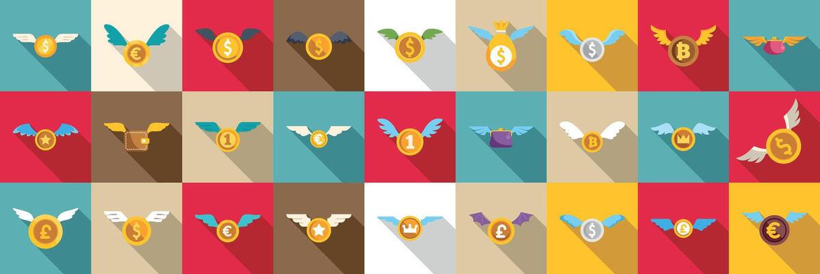 Coin wing icons set. Money flying away with wings representing financial loss and volatility