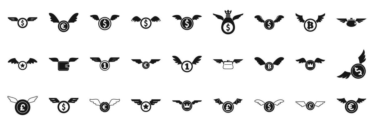 Coin wing icons set. Flying money, currency with wings icons set, simple style