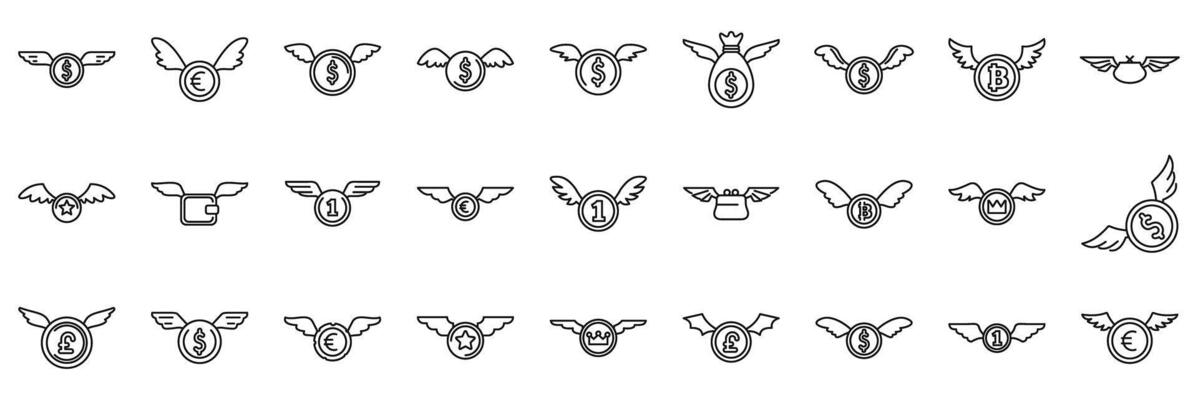 Coin wing icons set. Flying currency symbols with various wings