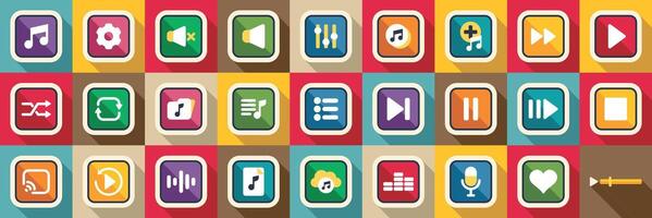 Playback music icons set. Colorful music player app interface showing various functions and controls vector
