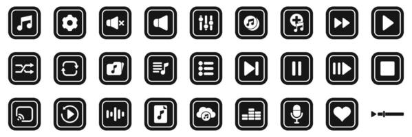 Playback music icons set. Music player interface icons showing settings, volume, playlist, shuffle, repeat, play, pause, stop, record and streaming options vector