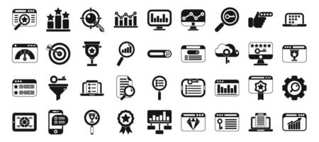 Keywords ranking icons set. Evaluating website performance, improving seo and achieving higher ranking with data analysis vector