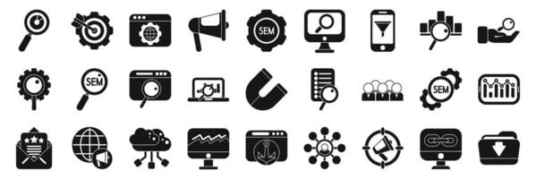 SEM icons set. Search engine marketing icons showing search, optimization, and digital strategy vector