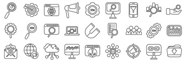 SEM icons set. Search engine marketing icons showing concepts of sem and seo vector