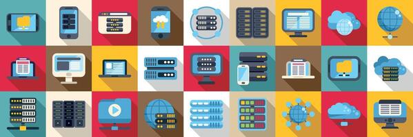 CDN icons set. Hosting servers connecting through various electronic devices in flat design style vector