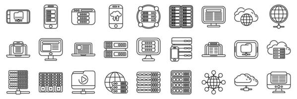 CDN icons set. Data center connecting to global network through cloud computing, servers, databases, and digital information exchange vector