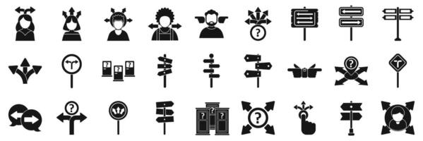Choosing multiple directions icons set. People making decisions and choosing directions with road signs and arrows icon set vector