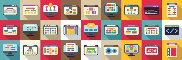 Sitemap creation icons set. Algorithm representing website and software development process on computer screens vector