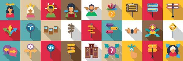 Choosing multiple directions icons set. People making decisions, choosing between multiple directions, following arrows and signs vector