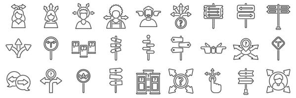Choosing multiple directions icons set. People thinking and choosing directions with arrows and signposts representing decision making vector