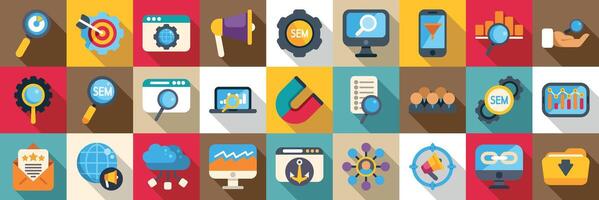 SEM icons set. Search engine marketing icons showing online strategy and digital optimization vector