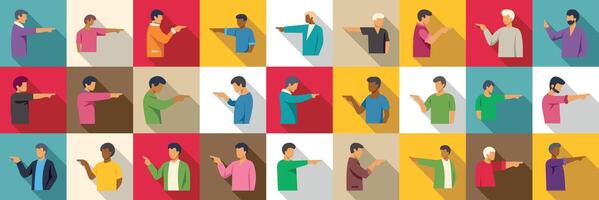 Man pointing finger forward icons set. People pointing in same direction on multicolored background vector