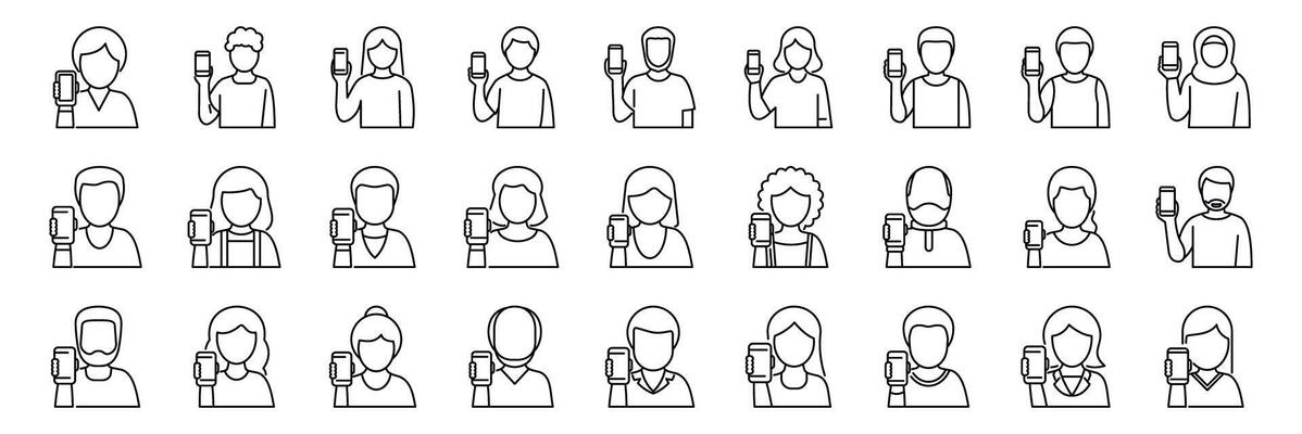 People show smartphone screen icons set. People holding smartphones, line icons set, mobile phone users showing devices