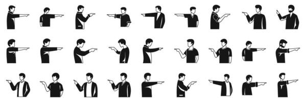 Man pointing finger forward icons set. People pointing with index finger in different directions and poses vector