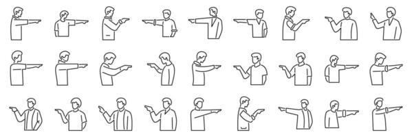 Man pointing finger forward icons set. People pointing in different directions, showing, indicating, choosing, accusing vector