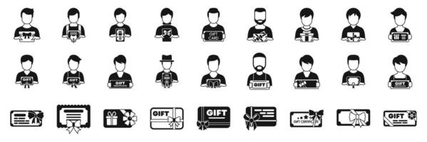 Man hold gift certificate icons set. Diverse characters presenting gift cards and certificates vector