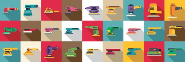 Electric sanding machine icons set. Orbital sander collection displaying various models for woodworking and surface finishing vector