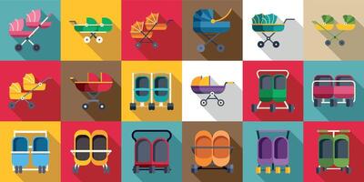 Double pram icons set. Colorful baby stroller and pram icons showing different models for newborn care and mobility vector