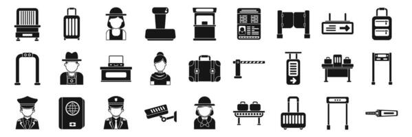 Passport border control icons set. Comprehensive icons illustrating airport security and travel processes vector