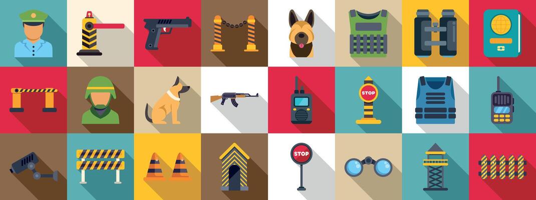 Border guard icons set. Diverse security and safety equipment icons displayed