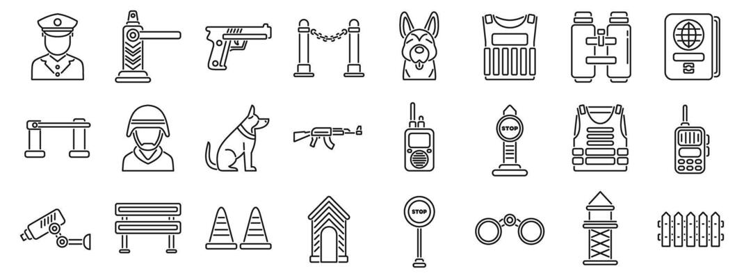 Border guard icons set. Security guard icons featuring guard dog, bulletproof vest, and surveillance equipment
