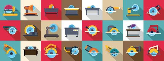 Circular saw machine icons set. Circular saw blades and table saws cutting woodworking tools icons set vector