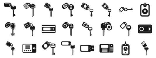 Door key hotel room icons set. Room keys with keychains and key cards representing hotel access and security vector