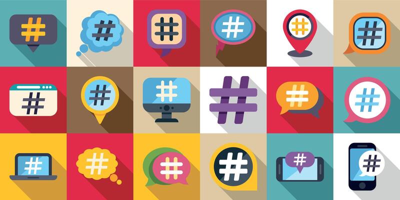 Hashtag symbol icons set. Hashtag icons showing social media trending topics and discussions