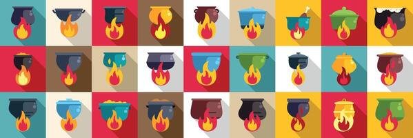 Pot campfire icons set. Cooking pots on fire, a colorful array of culinary creations simmering away vector
