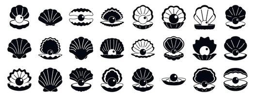 Seashells pearls icons set. Open and closed pearl oyster shell icons set showing a precious gemstone vector
