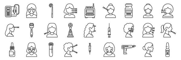 Mesotherapy icons set. Cosmetologists providing facial treatments using various methods and tools vector