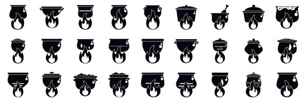 Pot campfire icons set. Boiling pots and cauldrons on fire, cooking and brewing icons set vector