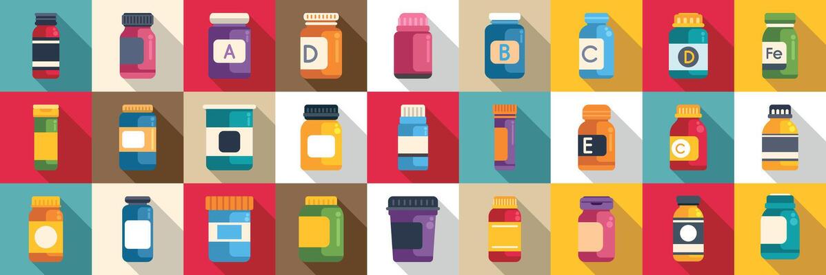 Bottle vitamin supplement icons set. Colorful vitamin and supplement bottles promoting healthy lifestyle
