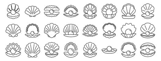 Seashells pearls icons set. Set of pearl oyster icons showing open and closed shells with pearls vector