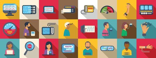 Lie detector test icons set. Polygraph test icons showing truth and lies detection vector