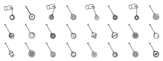 Swinging hypnosis pendulum icons set. Hand holding pendulum bobs, physics experiment demonstrating oscillation and gravity vector
