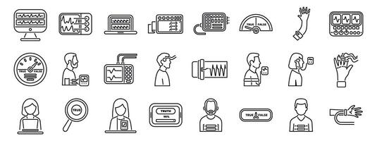 Lie detector test icons set. Scientists using polygraph, lie detector test, biofeedback, neurofeedback, truth detection technology vector