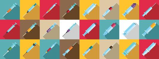 Plastic syringe icons set. Colorful array of syringes in modern pop art style vector