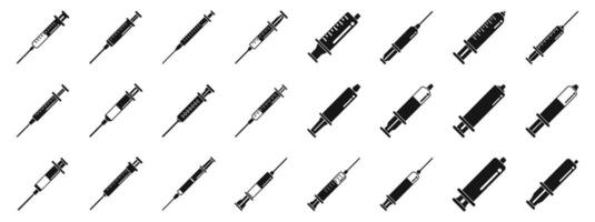 Plastic syringe icons set. Diverse collection of syringe illustrations in rows vector