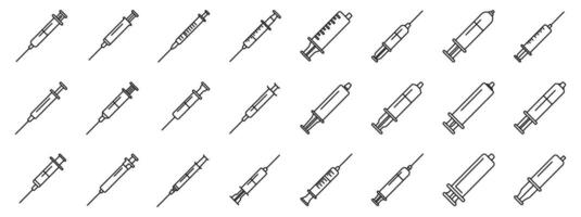Plastic syringe icons set. Various medical syringe illustrations in linear style vector