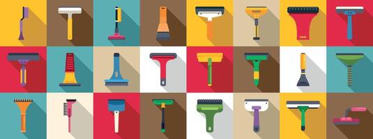 Scraper cleaning car icons set. Cleaning tools icons set showing brushes, brooms, and scrapers for various chores vector