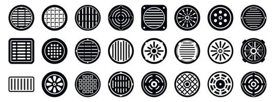 Drain manhole icons set. Diverse collection of circular and square vent designs vector