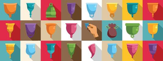 Menstrual cup icons set. Colorful collection of menstrual cups in a pattern vector