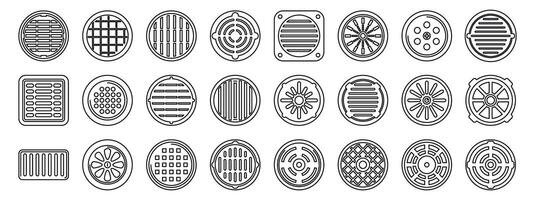 Drain manhole icons set. Collection of ventilation grilles showing different shapes and designs vector